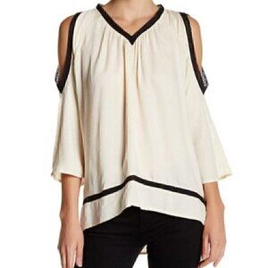 RO&DE ANTHROPOLOGIE Lace Trim Cold Shoulder Blouse Cream Ivory Black 3/4 Sleeve